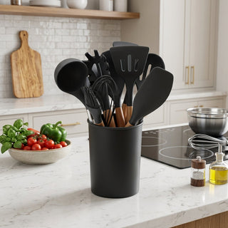 Silicone Cooking Utensil Set With Wood Handles 11 Piece - black
