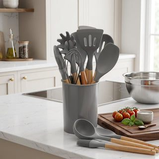 Silicone Cooking Utensil Set With Wood Handles 11 Piece - gray