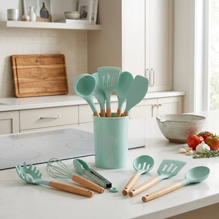 Silicone Cooking Utensil Set With Wood Handles 11 Piece - light green