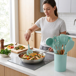 Silicone Cooking Utensil Set With Wood Handles 11 Piece