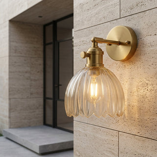 Tulip Shaped Glass Wall Sconce With Vintage Metal Mount - transparent