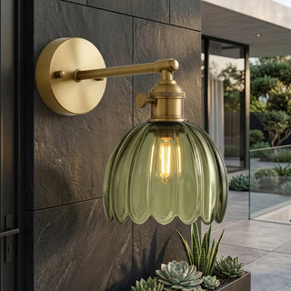 Tulip Shaped Glass Wall Sconce With Vintage Metal Mount - green