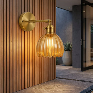 Tulip Shaped Glass Wall Sconce With Vintage Metal Mount - amber
