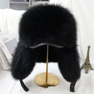 Winter Hat with Adjustable Drawstring and Leather Accents - black