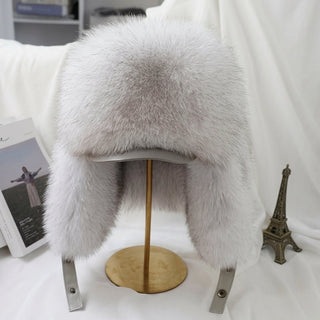 Winter Hat with Adjustable Drawstring and Leather Accents - white