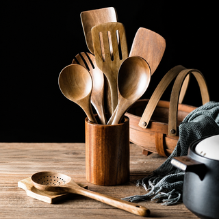 Kitchen Utensil Set With Natural Wooden Holder
