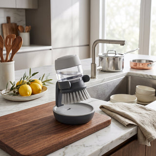 Kitchen Dish Scrub Brush With Soap Dispenser - gray