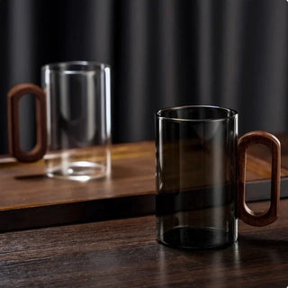 Drinking Cup With Glass Body And Wooden Handle