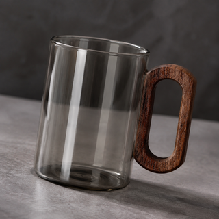 Drinking Cup With Glass Body And Wooden Handle - gray