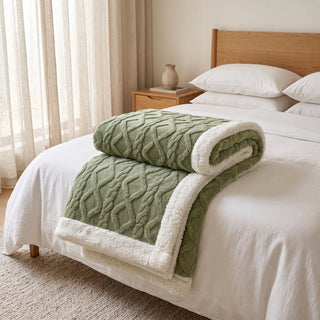 Sherpa Throw Blanket with Reversible Quilted Design - matcha