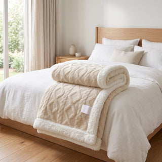 Sherpa Throw Blanket with Reversible Quilted Design - white cream
