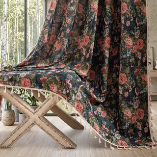 Window Curtain Panel With Botanical Floral Print - green flower