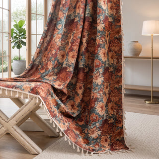 Window Curtain Panel With Botanical Floral Print - beige flower