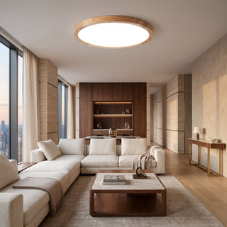 Flush Mount Ceiling Light With Round Wood Grain LED - cold white