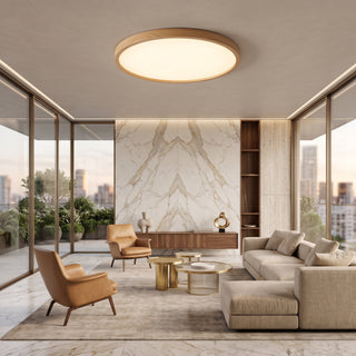 Flush Mount Ceiling Light With Round Wood Grain LED - dimmable