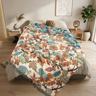 Decorative Throw Blanket with Floral Pattern and Fringe