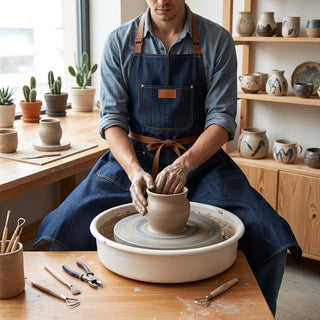 Denim Pottery Apron With Split Leg Design And Pockets