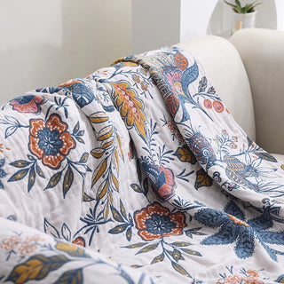 Sofa Throw Blanket With Floral Fringed Edges