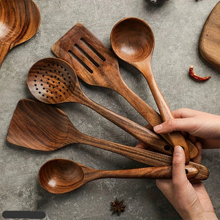 Teak Wood Kitchen Utensil Set With Five To Ten Pieces