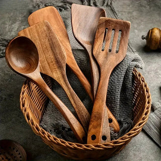 Teak Wood Kitchen Utensil Set With Five To Ten Pieces
