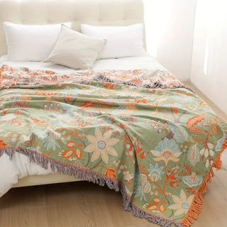 Throw Blanket With Floral Jacquard Fringed Edges