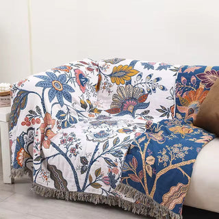 Sofa Throw Blanket With Floral Fringed Edges
