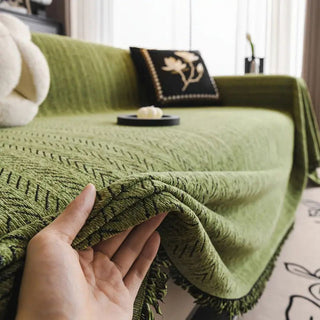 Sofa Cover with Herringbone Pattern and Fringe Trim