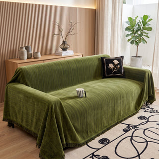 Sofa Cover with Herringbone Pattern and Fringe Trim - green