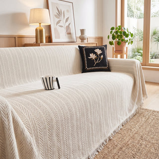 Sofa Cover with Herringbone Pattern and Fringe Trim - light gray