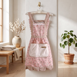 Kitchen Apron with Floral Print and Front Pocket - pink