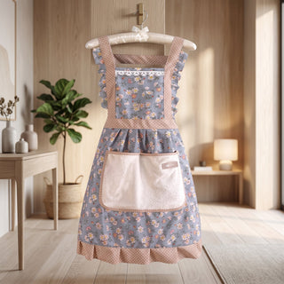 Kitchen Apron with Floral Print and Front Pocket - blue