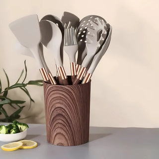 Kitchen Utensil Set With Silicone Heads And Wooden Handles