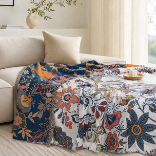 Sofa Throw Blanket With Floral Fringed Edges
