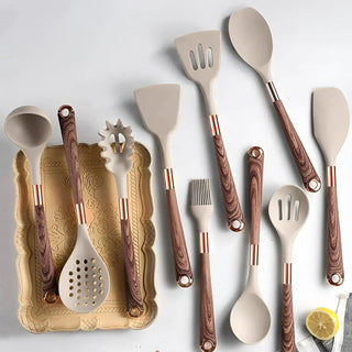 Kitchen Utensil Set With Silicone Heads And Wooden Handles