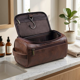 Cosmetic Bag with Multiple Compartments and Metal Hanging Hook - dark brown