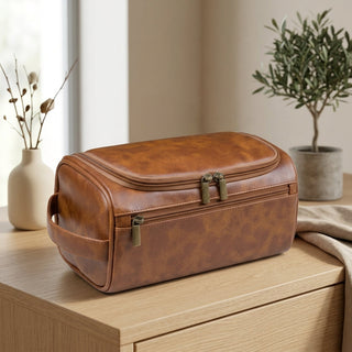 Cosmetic Bag with Multiple Compartments and Metal Hanging Hook - light brown