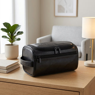 Cosmetic Bag with Multiple Compartments and Metal Hanging Hook - black
