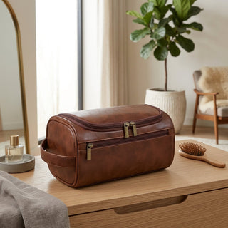 Cosmetic Bag with Multiple Compartments and Metal Hanging Hook - brown