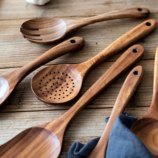 Teak Wood Kitchen Utensil Set With Five To Ten Pieces
