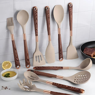 Kitchen Utensil Set With Silicone Heads And Wooden Handles