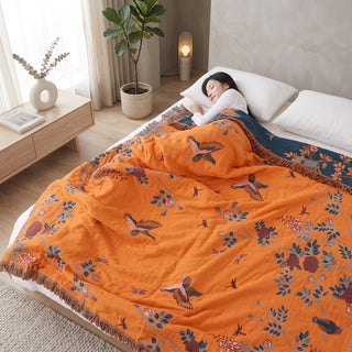 Sofa Bed Throw Blanket With Floral Jacquard Pattern - dark blue & orange