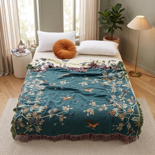 Sofa Bed Throw Blanket With Floral Jacquard Pattern - dark green & beige