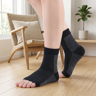 Compression Socks With Open Toe Design For Neuropathy Support - black white