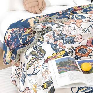 Sofa Throw Blanket With Floral Fringed Edges