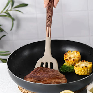 Kitchen Utensil Set With Silicone Heads And Wooden Handles