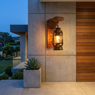 Wall Light Fixture With Rustic Wooden Hanging Lantern