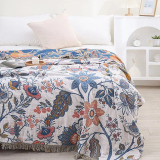 Sofa Throw Blanket With Floral Fringed Edges