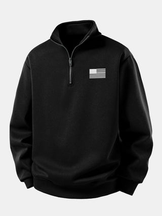 Men's American Flag Quarter Zip Sweatshirt – Relaxed Fit Stand Collar - Black