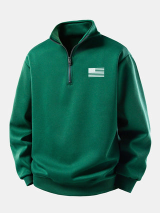 Men's American Flag Quarter Zip Sweatshirt – Relaxed Fit Stand Collar - Dark Green
