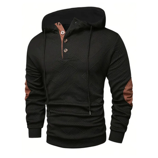 Men's Button-Placket Hooded Sweatshirt in black, Casual Henley Style